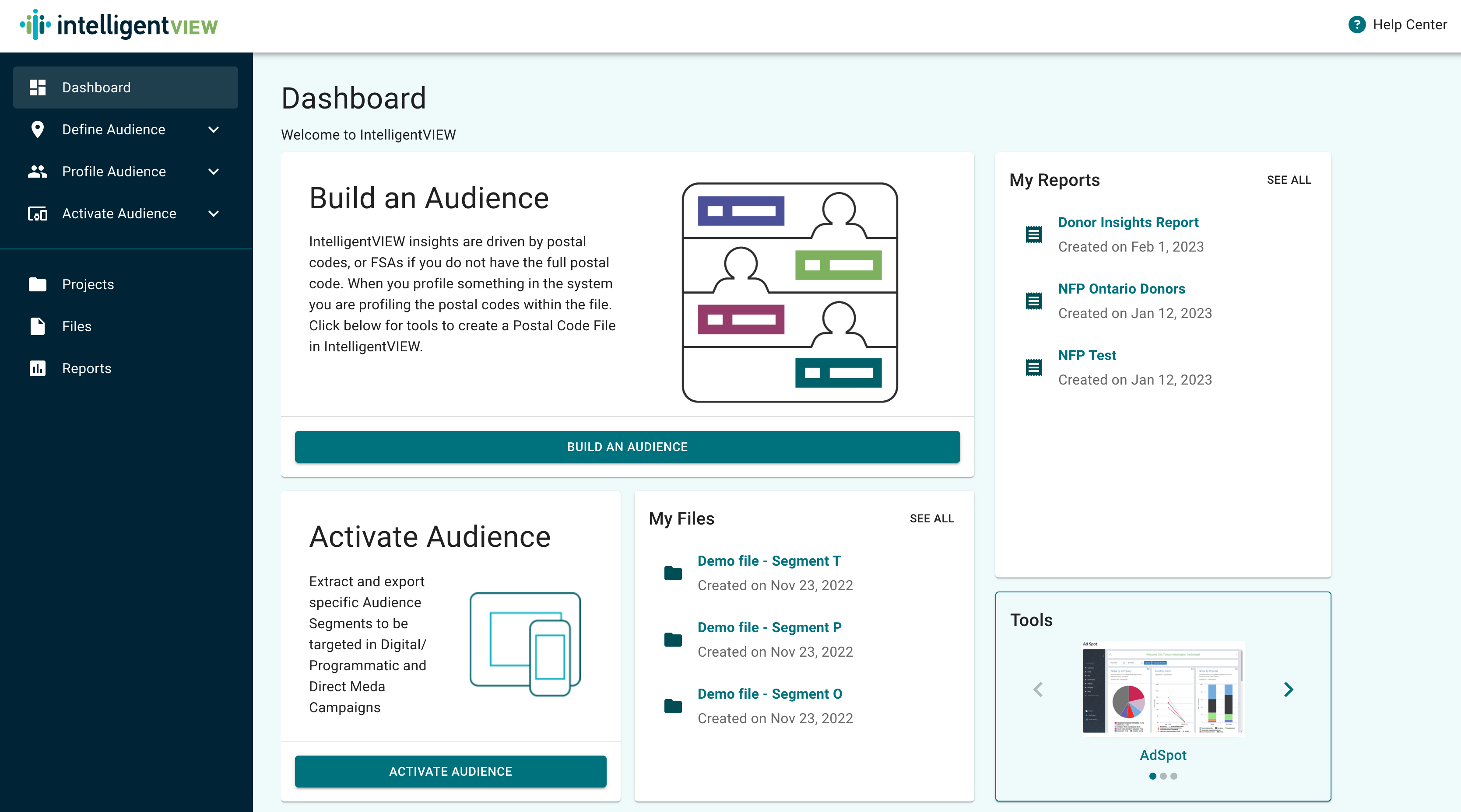intelligentVIEW audience insights platform and media activation dashboard screenshot.