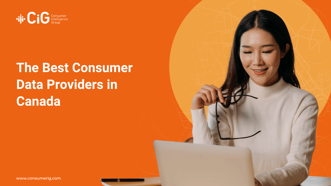 Image of a marketer working on a laptop against an orange background with the text The Best Consumer Data Providers in Canada.