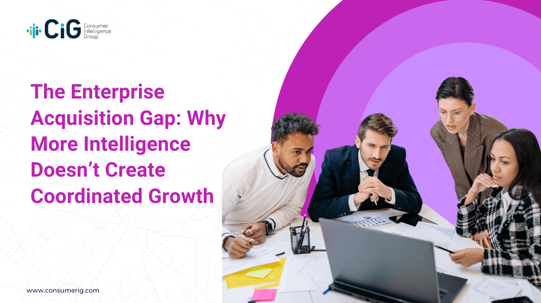 A group of people working around a laptop together, smiling with the text on the graphic: The Enterprise Acquisition Gap: Why More Intelligence Doesn’t Create Coordinated Growth